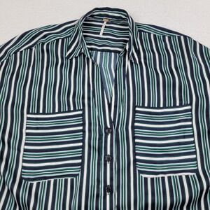Free People Mad About You Oversized Shirt Womens Large L Stripes Green Blue READ